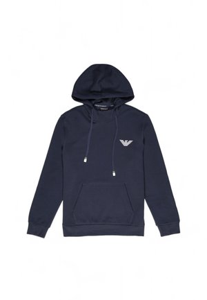 Sweat à capuche bleu marine en coton, avec une poche frontale, un cordon de serrage à la capuche et un petit logo sur la poitrine gauche. Texture lisse.