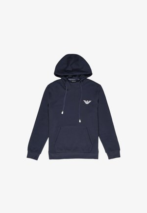 Felpa blu navy in cotone, con tasca anteriore, cappuccio regolabile con cordini e un piccolo logo sul lato sinistro del petto. Tessuto morbido.