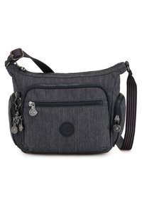 Black textured fabric crossbody bag with a top zipper, front pocket, side pockets, and an adjustable strap featuring red accents.