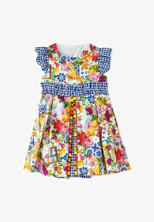 Robe fleurie colorée avec des manches et une ceinture à carreaux bleus. Elle présente un devant boutonné avec des pompons colorés et un motif vif et varié.