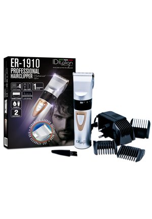 Tondeuse professionnelle avec quatre peignes guides, câble de chargement, brosse de nettoyage, et emballage présentant les caractéristiques du produit et le visage d’un homme.