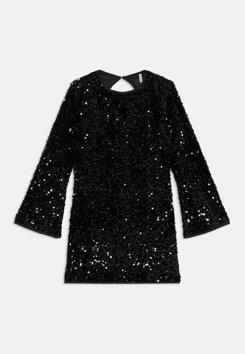 Rochie neagră cu paiete, cu mâneci lungi, decolteu rotund și detaliu cu tăietură în spate. Țesătura are o textură netedă și un finisaj strălucitor.