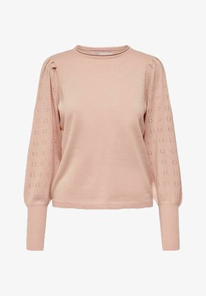 Pull tricoté rose clair avec un col rond, des poignets côtelés et un motif ajouré sur les manches longues. Texture douce.