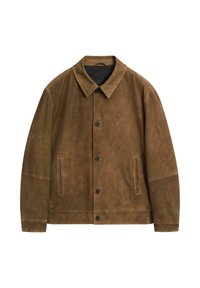 Brun mockaskinnsjacka med krage, knappstängning fram och två sidofickor. Har en mjuk yta och en minimalistisk design.