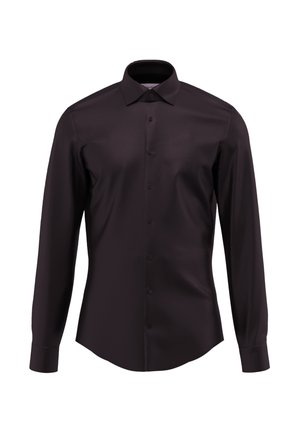 Camicia a maniche lunghe in tessuto viola scuro uniforme, con colletto a punte, chiusura frontale con bottoni e vestibilità sartoriale con orlo curvo.