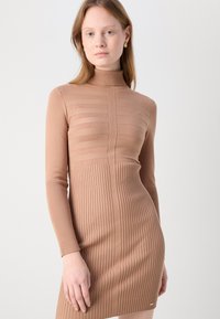Robe ajustée à manches longues en tricot marron clair. Elle présente une texture côtelée avec des rayures horizontales en haut et un côtelage vertical en bas.