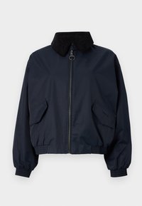 Navy blue bomber jacket with a corduroy collar, elastic cuffs, and two side pockets. Front zipper opening. Smooth texture, relaxed fit.