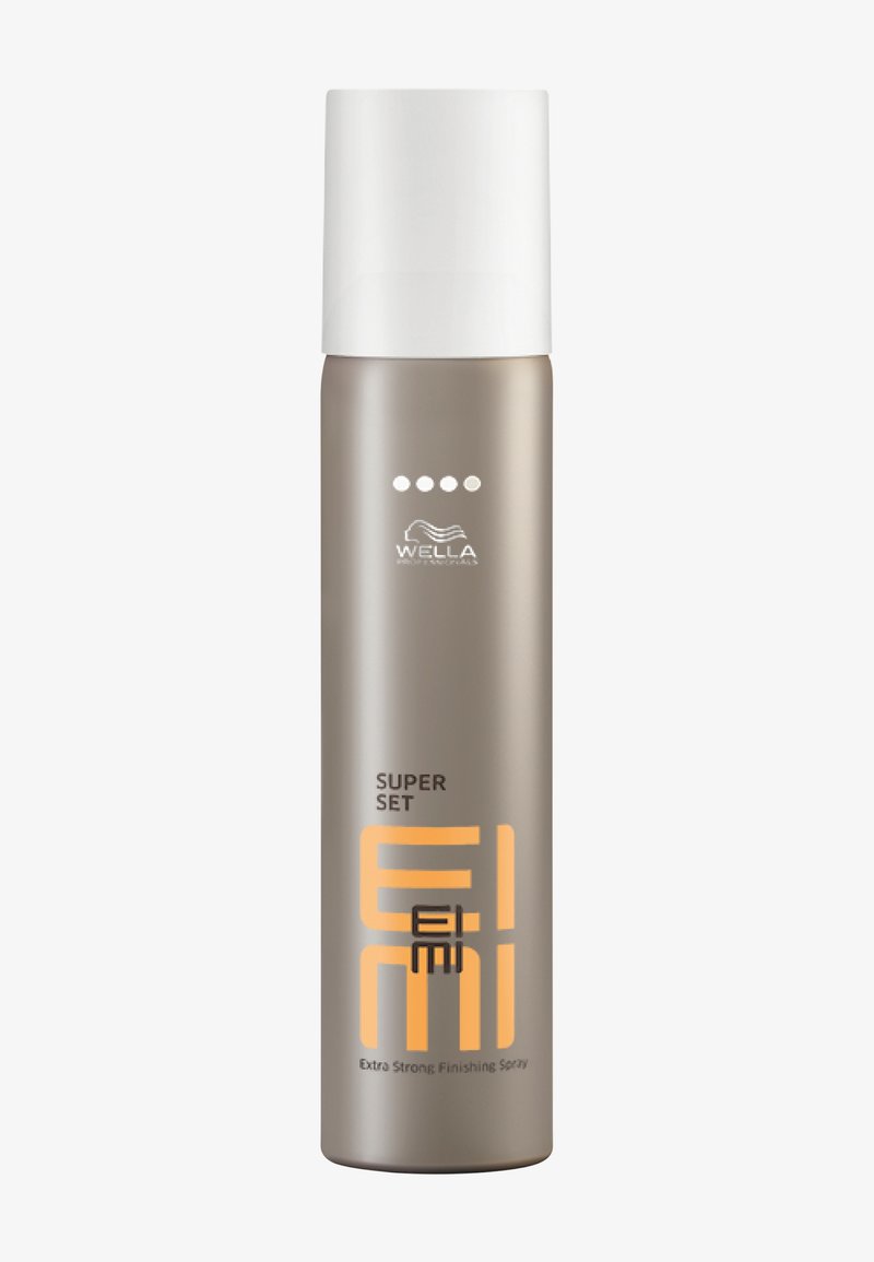 Spray fixant extra fort Wella Eimi Super Set dans une grande bouteille grise avec bouchon blanc et texte orange.