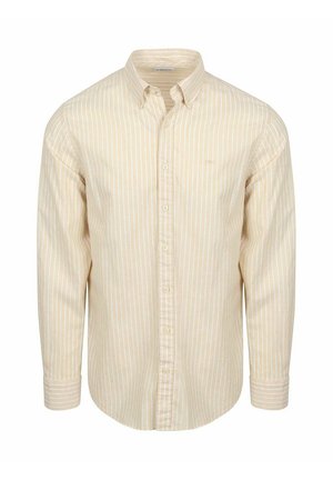 Beige long-sleeve button-up shirt with white vertical stripes, a buttoned collar, and buttoned cuffs.