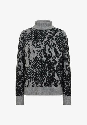 Grijze en zwarte coltrui met een gestructureerd panterprintontwerp en een ontspannen pasvorm, voorzien van lange mouwen en ribgebreide manchetten.