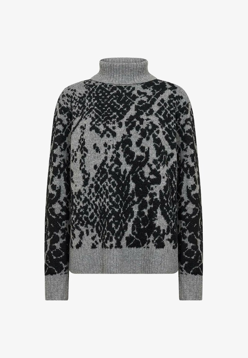 Grijze en zwarte coltrui met een gestructureerd panterprintontwerp en een ontspannen pasvorm, voorzien van lange mouwen en ribgebreide manchetten.