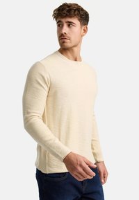 Pull à manches longues de couleur crème, avec un col rond et un tissu texturé. Porté avec un jean bleu foncé, présentant une coupe décontractée et des fentes sur les côtés.