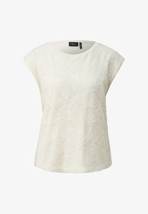 Blouse blanche à manches courtes avec encolure ronde et motif délicat en dentelle florale, présentée sur un fond blanc uni.