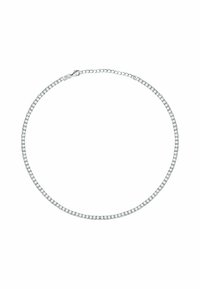 Rhinestone choker halskæde med et fladt, rektangulært design i sølvmetal med en glat overflade og en sikker lås.