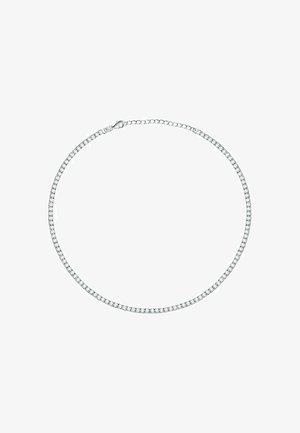 Collier ras du cou en strass présentant un design plat et rectangulaire en métal argenté avec une texture lisse et un fermoir sécurisé.