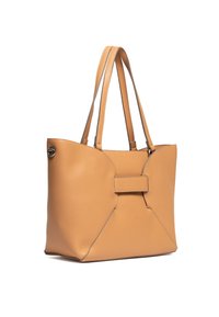 Borsa tote in pelle color cuoio con due manici, caratterizzata da un design strutturato, un accento centrale a fiocco e cuciture in contrasto lungo i bordi.
