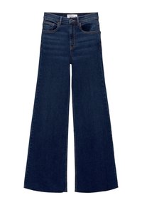 Jeans de denim azul oscuro de pierna ancha, con una cintura alta, diseño de cinco bolsillos y cierre de botón. Textura suave con desvanecimiento mínimo.