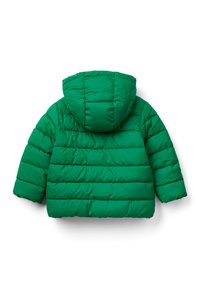 Grüne, gepolsterte Kinderjacke mit horizontalen Nähten und angedeckter Kapuze, von hinten auf einem weißen Hintergrund präsentiert.