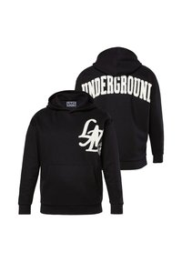 Sudadera negra de mezcla de algodón con un bolsillo frontal. Presenta un gran texto blanco "UNDERGROUND" en la parte posterior y un detalle del logo en el frente.