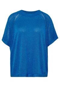 Modrý krátký rukávový top z lesklé látky, s volným střihem a jemným texturovaným zdobením podél švů.