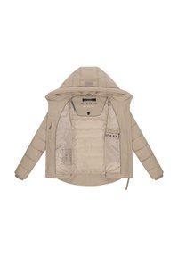 Beige pufferjacka med avtagbar huva, dragkedjestängning och quiltad struktur. Insidan har fickor och tvättrådsetiketter.