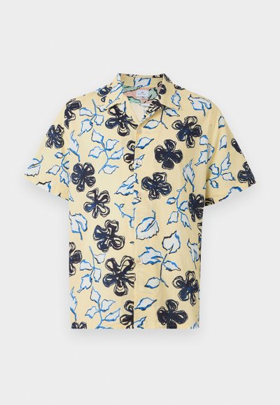 Short-sleeve shirt in yellow fabric with a floral pattern in black and blue, featuring a collar and button closure.