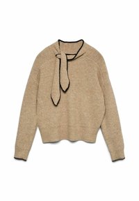 Beżowy sweter dziany o krótkim kroju, z zawiązywanym kołnierzem i czarnym wykończeniem na dekolcie oraz mankietach. Teksturowany, miękki materiał.