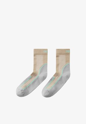 Coppia di calzini beige e grigi fino a metà polpaccio, con bordi azzurri, polsini a coste e tallone e punta rinforzati.