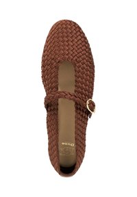 Brown woven flat shoe with a rounded toe, Mary Jane strap, and gold buckle detail. Smooth interior lining and a flexible sole.