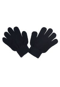 Guanti neri a maglia con design a cinque dita, polsini a coste e superficie liscia. Realizzati in tessuto morbido, adatti per il freddo.