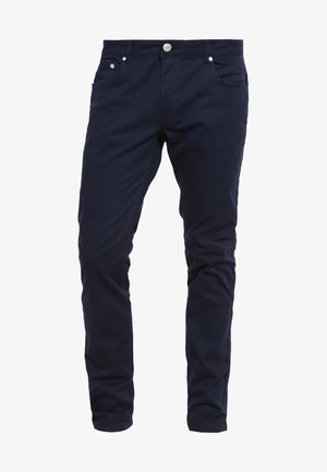 Navy blue slim-fit pants made of cotton blend fabric, featuring a button closure, five pockets, and subtle stitching details.