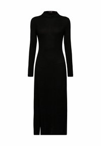 Schwarzes Langarmkleid mit hohem Kragen, tailliertem Oberteil, seitlicher Schlitze und weich, glatter Stoffstruktur. Elegantes, minimalistisches Design.