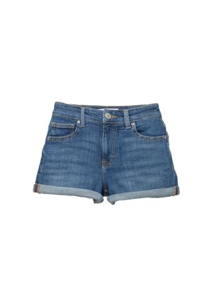 Denim shorts i mellemblå med en opfoldet kant, der har et fem-lomme design, en frontknaplukning og klassiske syindgange.