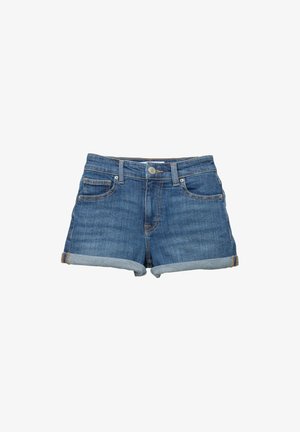Jeansshorts in mittlerem Blau mit umgeschlagenem Saum, ausgestattet mit einem Fünf-Taschen-Design, einem vorderen Knopfverschluss und klassischen Nähdetails.