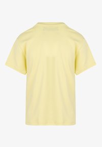 Effen lichtgele T-shirt met korte mouwen, gezien vanuit de achterkant, met een ronde hals en een reguliere pasvorm.