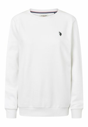 Sweatshirt blanc en matière douce avec un col rond, des manches longues, des poignets côtelés et un petit logo brodé sur la poitrine gauche.