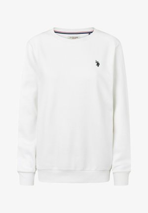 Balta sportinė palaidinė iš minkštos medžiagos su apvalia iškirpte, ilgomis rankovėmis, įtemtomis rankogaliais ir mažu siuvinėtą logotipu kairėje krūtinės pusėje.