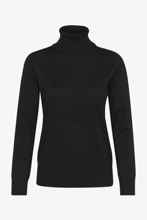 Juodas turtleneck megztinis, pagamintas iš minkštos mezginio medžiagos, su ilgomis rankovėmis, prigludusia forma ir briaunotais akcentais ant apykaklės ir apatinės dalies.