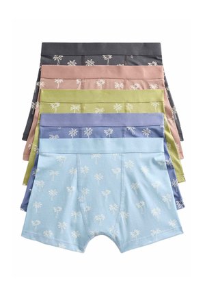 Fem par mænds bokserbriefs i blå, lilla, grøn, pink og sort, hver med et hvidt palmebladsmønster.