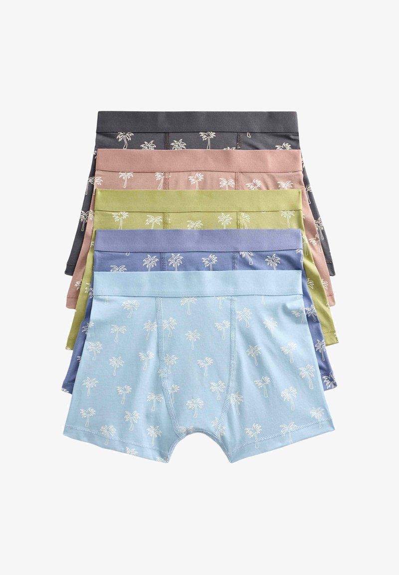 Cinq paires de boxers pour hommes en bleu, violet, vert, rose et noir, chacun avec un motif de palmier blanc.