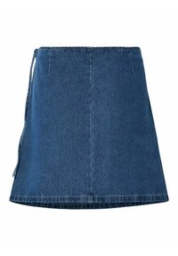 Tummansininen denimhame, A-linjainen muoto, vyötäröllä kiristysnauha, revitty helma ja vähäiset ompeleet yksityiskohtana.