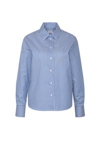 Chemise à manches longues rayée verticalement bleu et blanc, boutonnée, avec col pointu et poignets boutonnés.