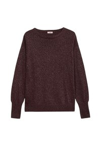 Maglione pullover bordeaux con maniche lunghe, scollatura rotonda e una sottile texture glitterata. Presenta polsini e orlo a coste.