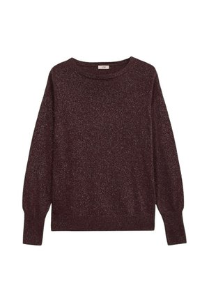 Burgunderfarbener Pulli mit langen Ärmeln, Rundhalsausschnitt und subtiler glitzernder Textur. Verfügt über gerippte Bündchen und Saum.