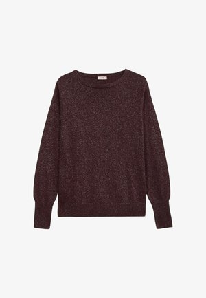 Suéter de pullover burdeos con mangas largas, cuello redondo y una sutil textura brillante. Presenta puños y dobladillo acanalados.