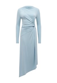 Long-sleeve, light blue dress with twisted bodice detail and asymmetrical hemline, made from smooth, stretchy fabric.