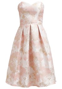 Robe bustier ligne A avec jupe plissée, avec un motif jacquard floral rose et beige sur fond blanc.