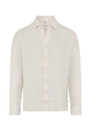 Beiges Hemd mit langen Ärmeln und Knöpfen, mit Kragen, aus leichtem Stoff, mit markiertem Etikett innen am Kragen.