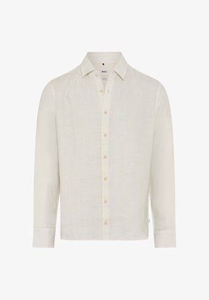 Long-sleeve beige button-up shirt with collar, made of lightweight fabric, featuring branded label inside collar.