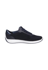Navy mesh sneaker with a textured upper, leather accents, and curved white rubber sole. Features round laces and a padded ankle collar.